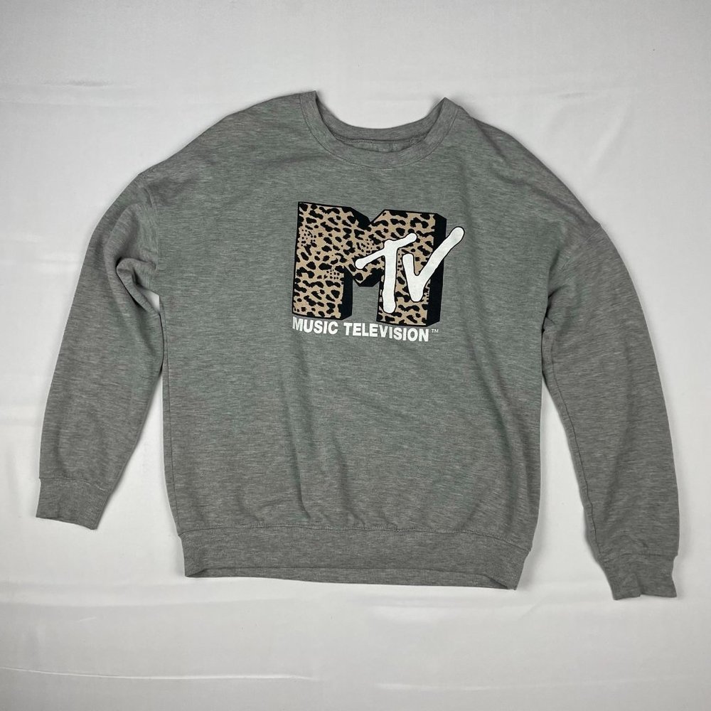 MTV Sweater Womens Medium Gray Long Sleeve Graphic Cheetah Television